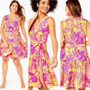Lilly Pulitzer XL Folly Floral Wrap Dress Calla Yellow Pink‎ Coral NWT Resort